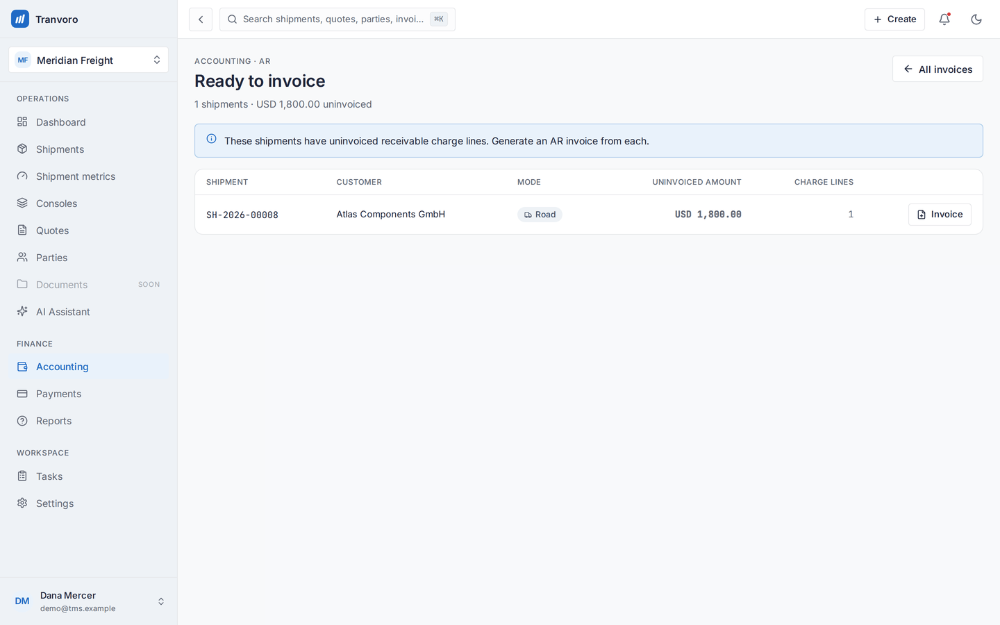 Tranvoro ready to invoice view
